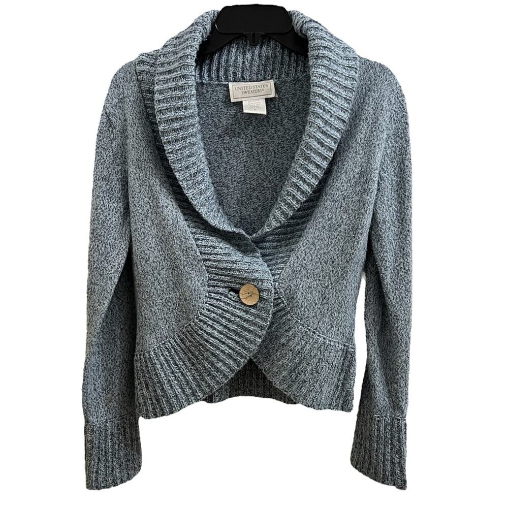 Vintage United States Sweaters Blue Shawl Collar One Button Woman's Cardigan!